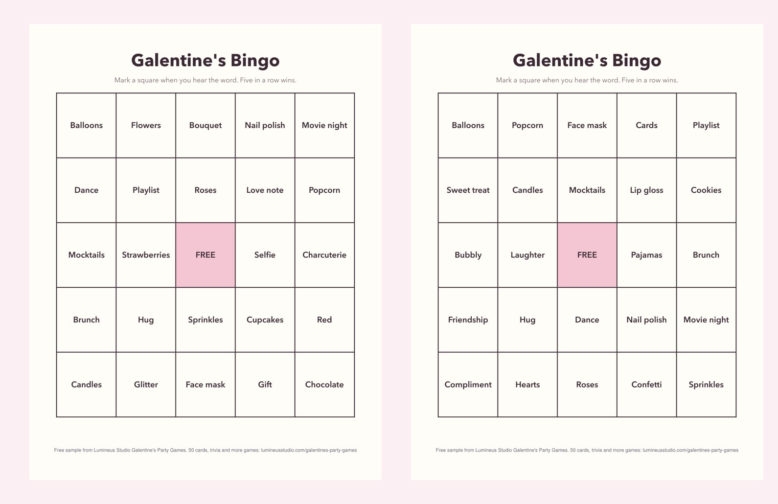 Two different Galentine's bingo cards