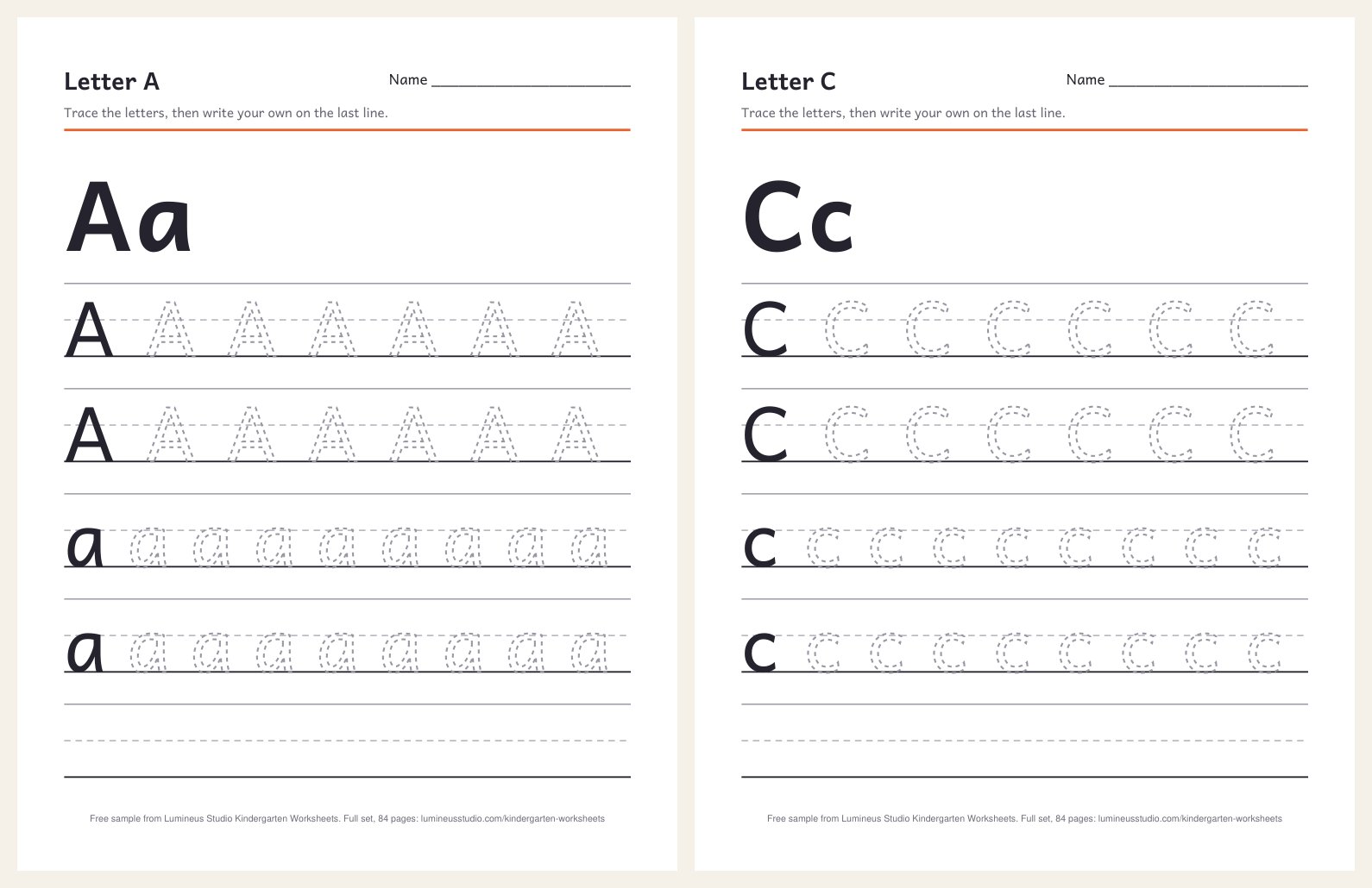 Letter A and letter C tracing pages