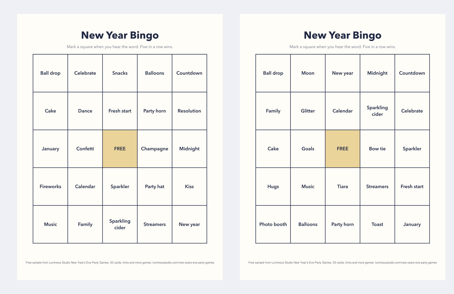 Two different New Year bingo cards