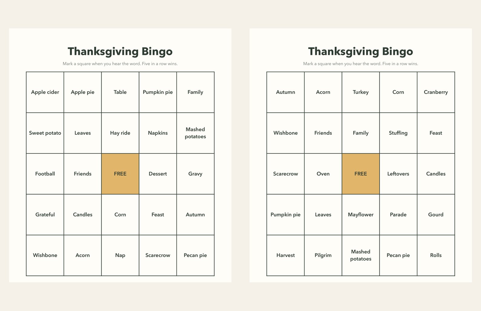 Two different Thanksgiving bingo cards