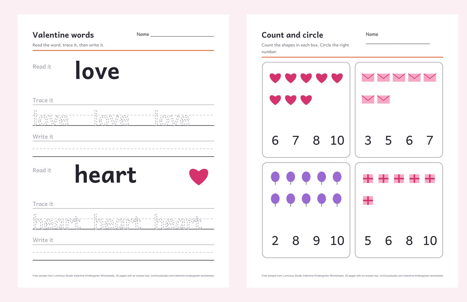Valentine word tracing and count and circle worksheets