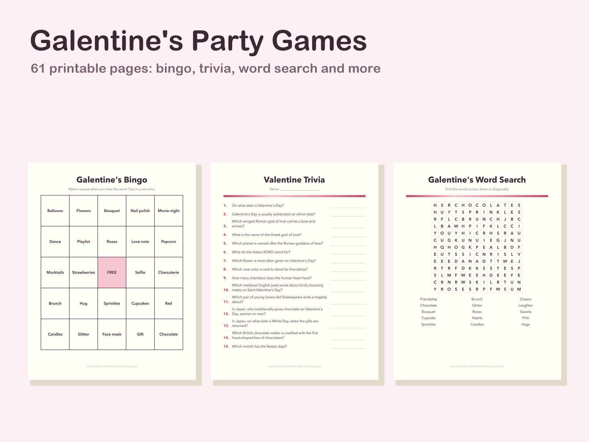Galentine's bingo card, Valentine trivia and word search pages