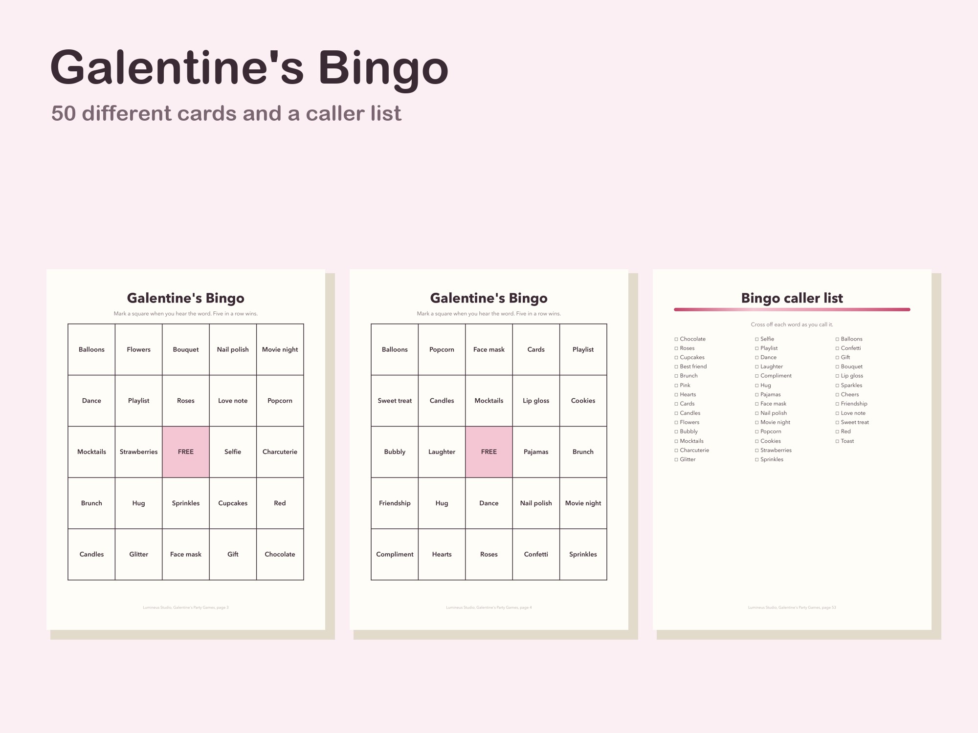 Two Galentine's bingo cards and the caller list