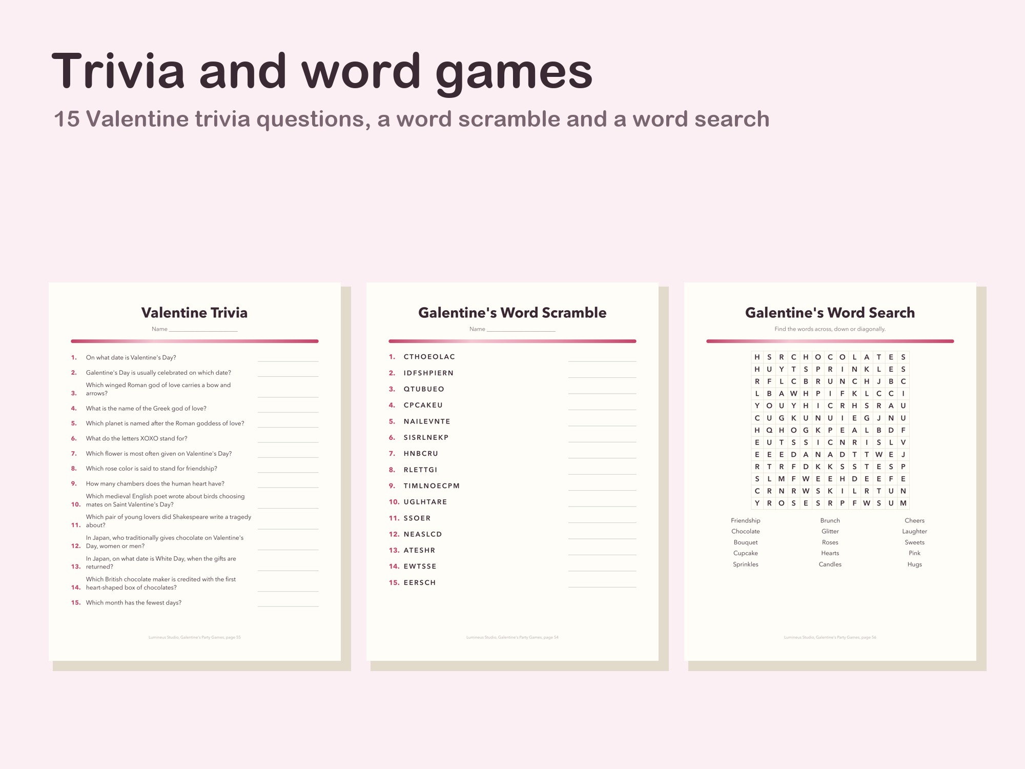 Valentine trivia, word scramble and word search pages