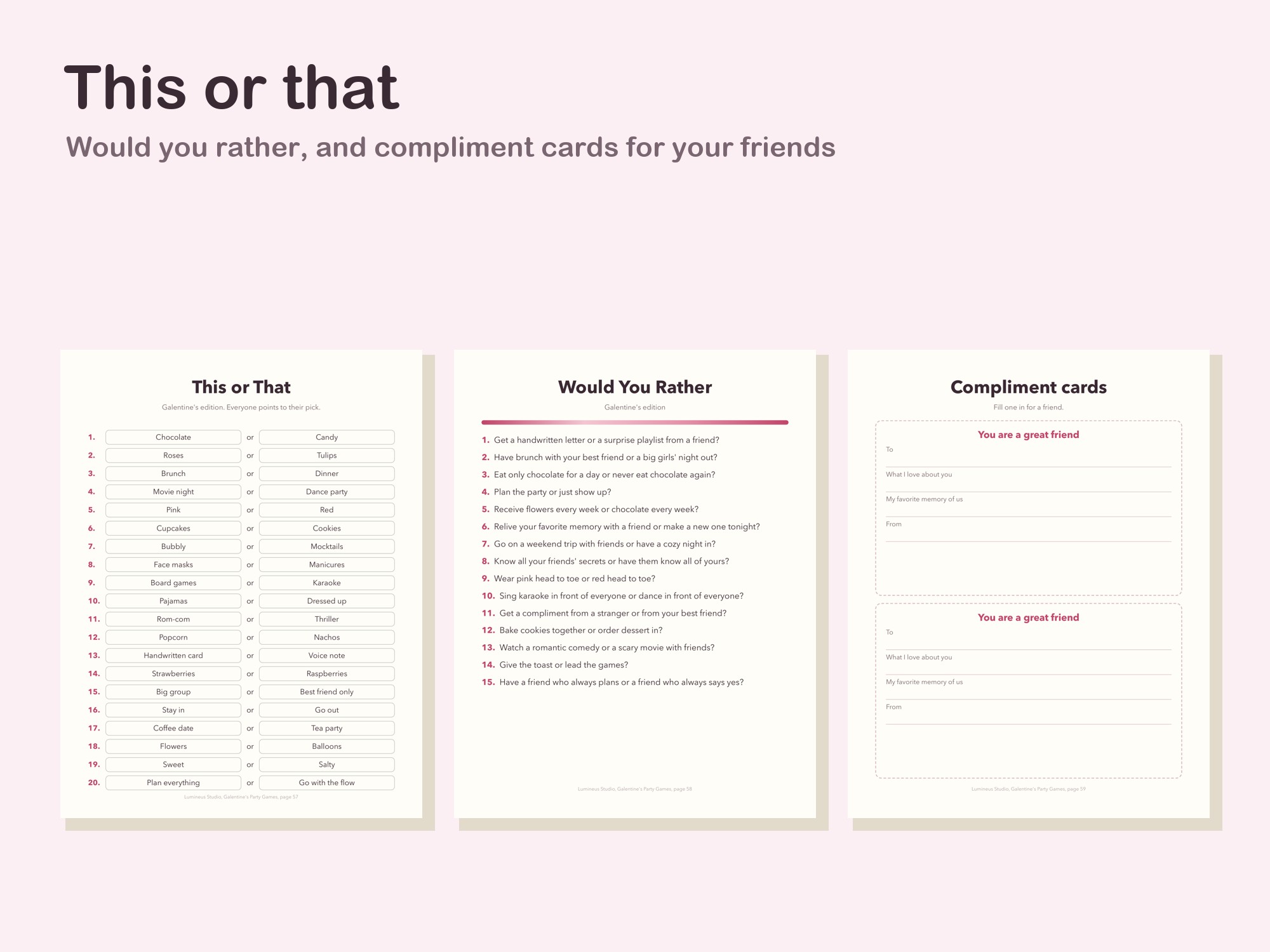 This or that, would you rather and compliment cards