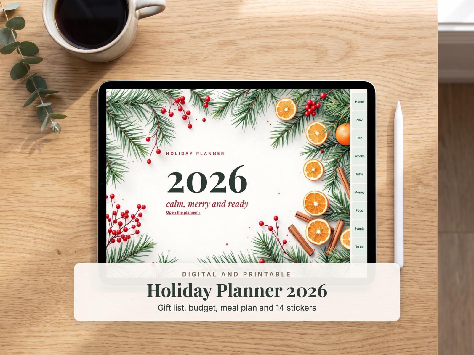 Holiday planner cover with pine branches and orange slices, shown on an iPad
