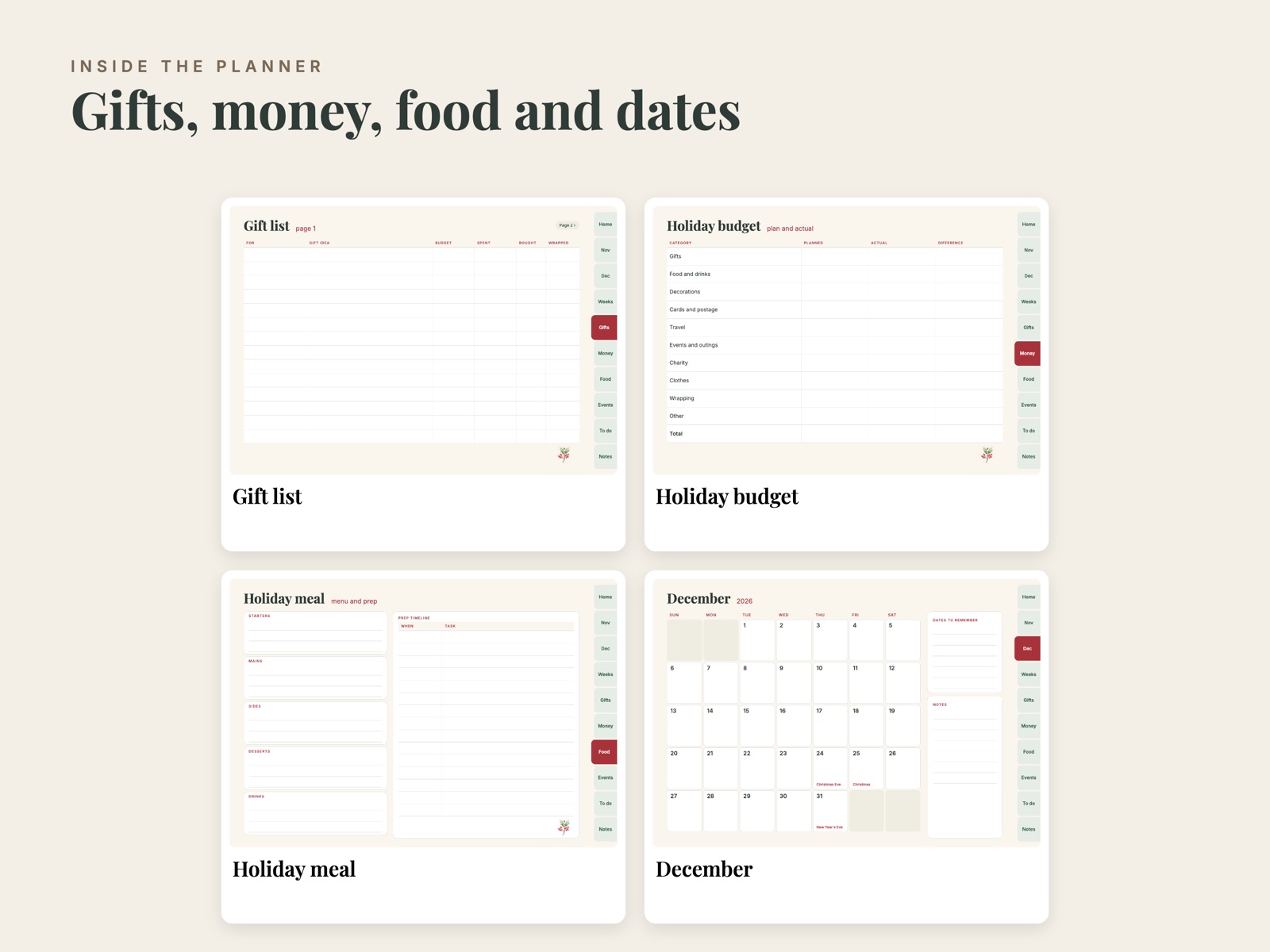Gift list, holiday budget, holiday meal and December pages