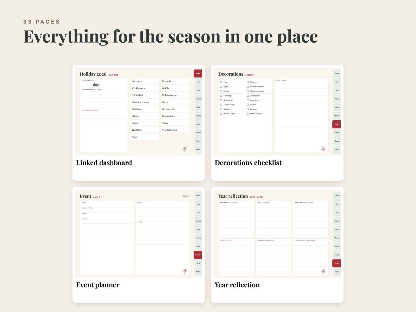 Dashboard, decorations checklist, event planner and year reflection
