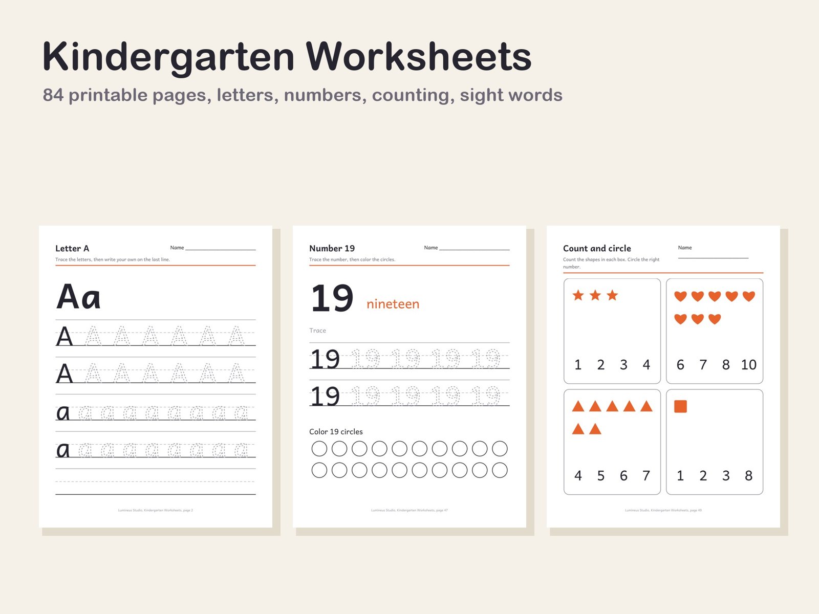 Kindergarten worksheets: letter tracing, number tracing and count and circle pages