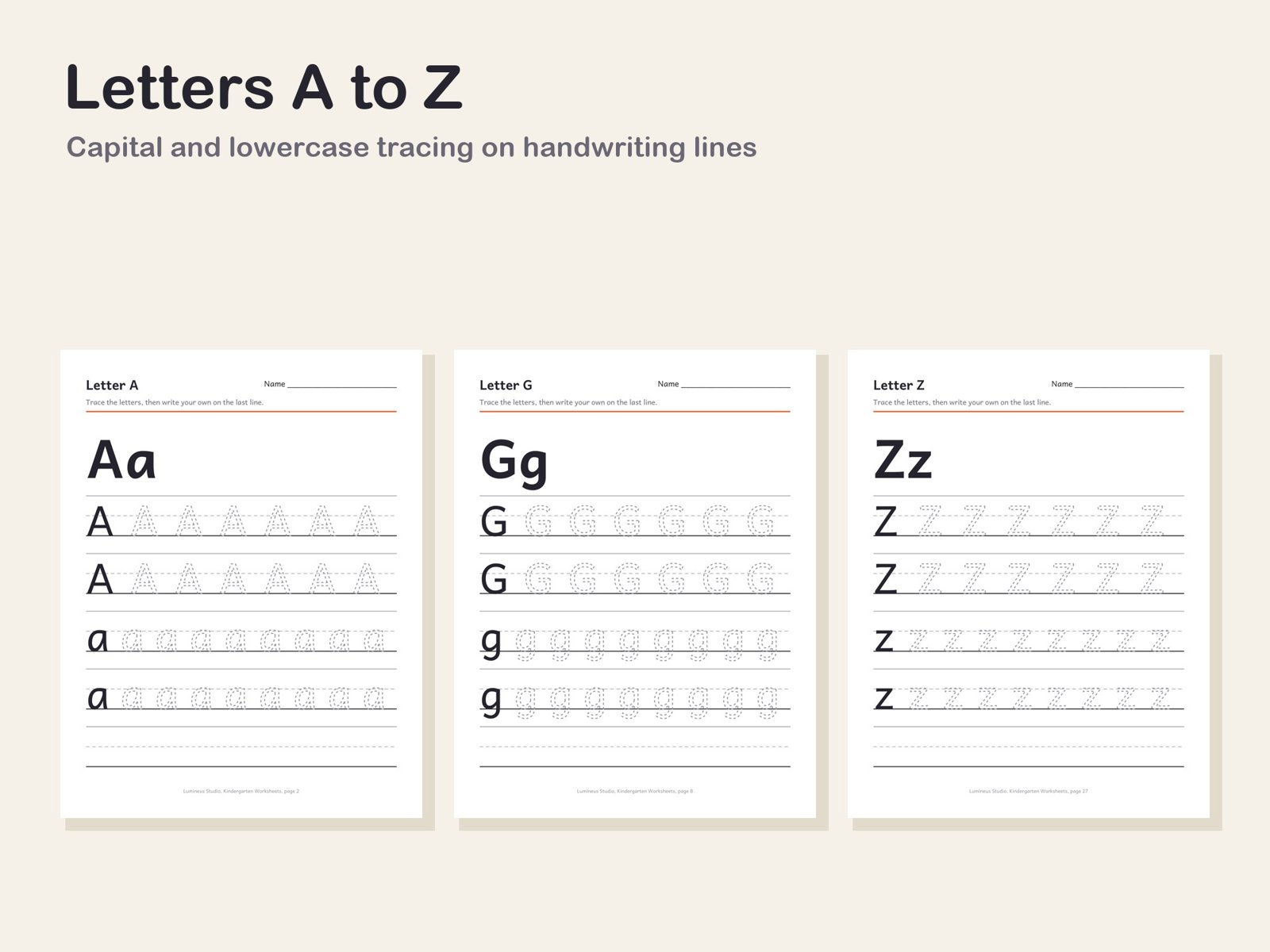 Letter tracing pages A, G and Z