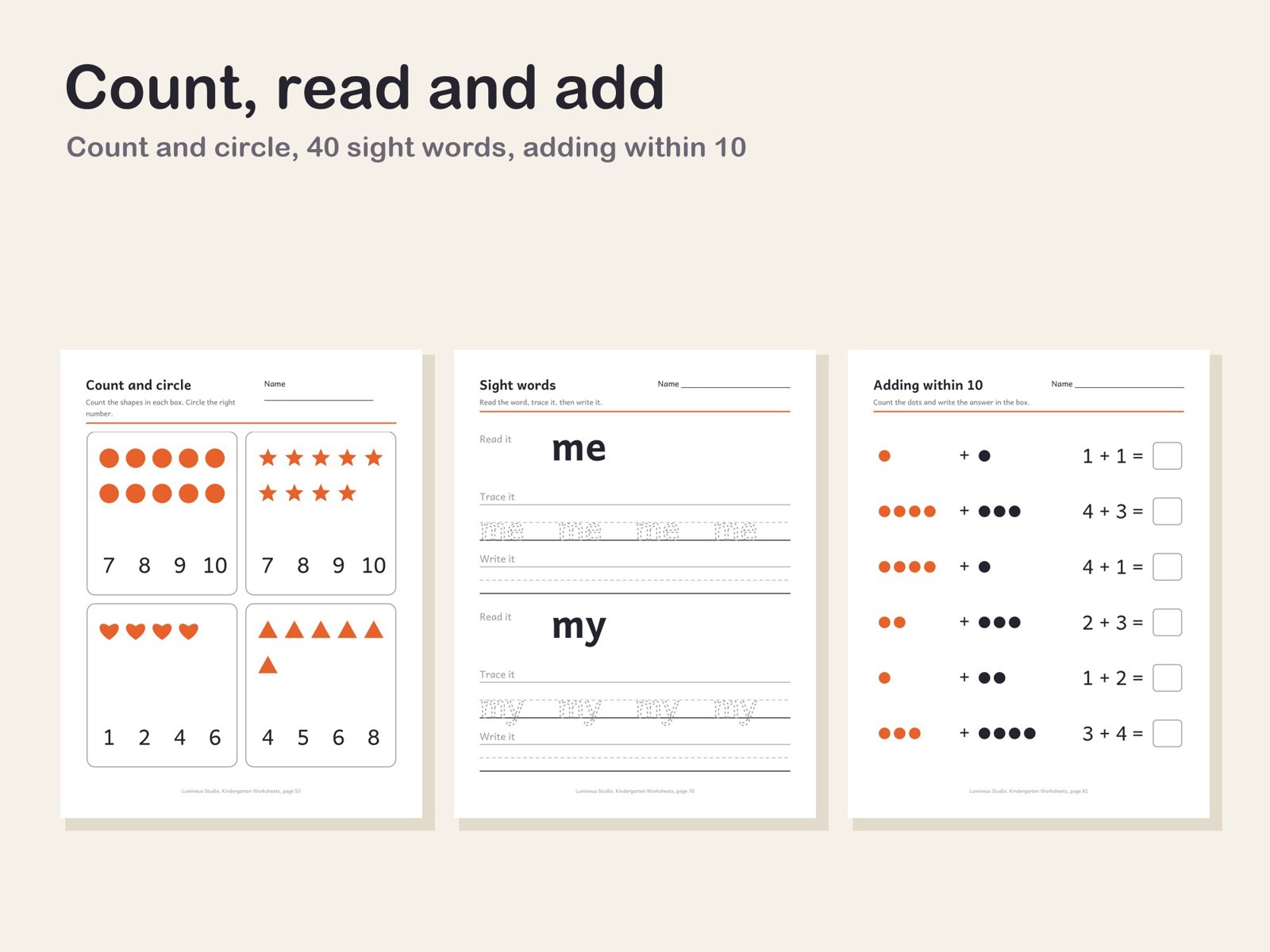 Count and circle, sight words and adding pages