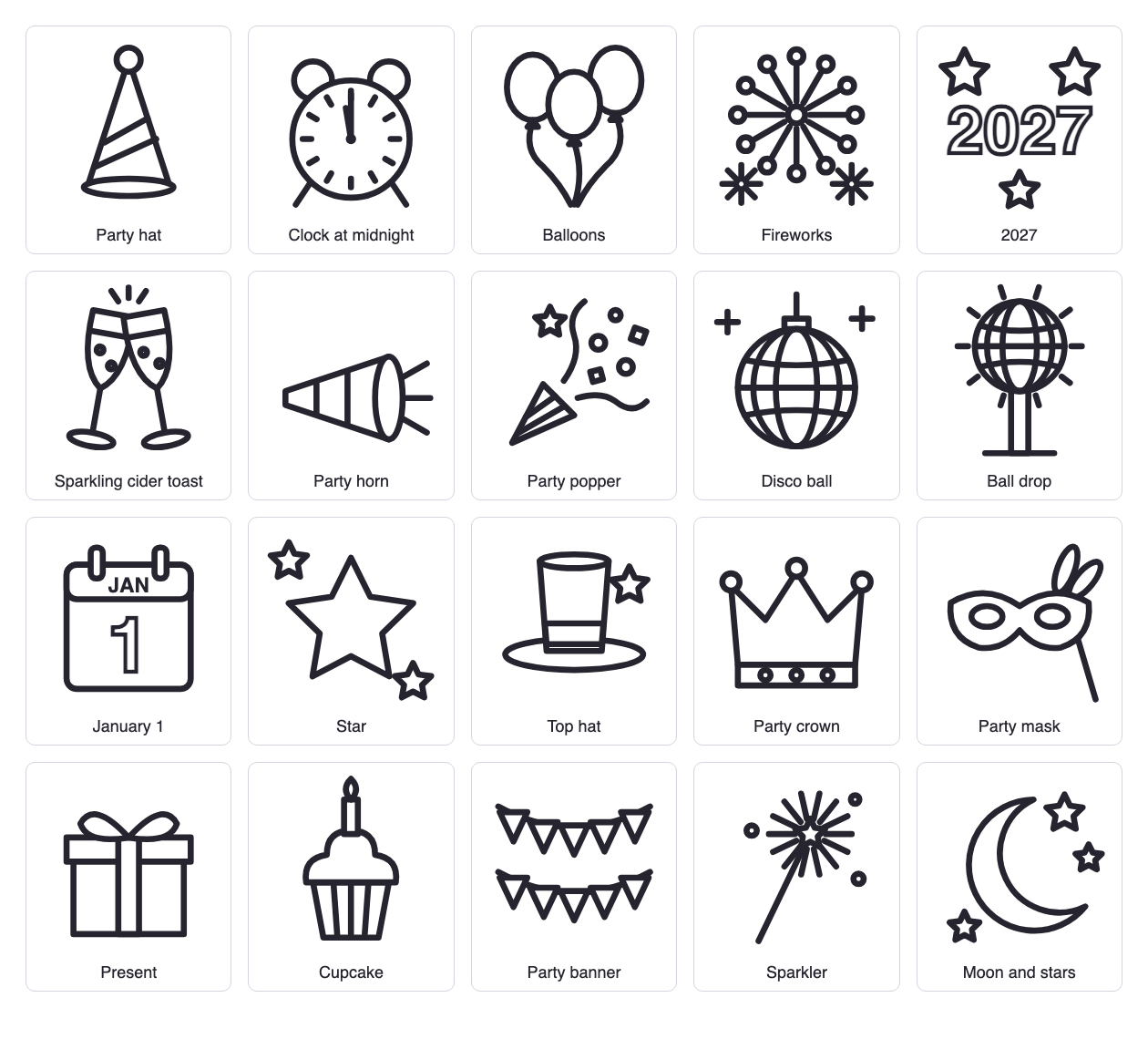All 20 New Year's Eve coloring pictures on one sheet