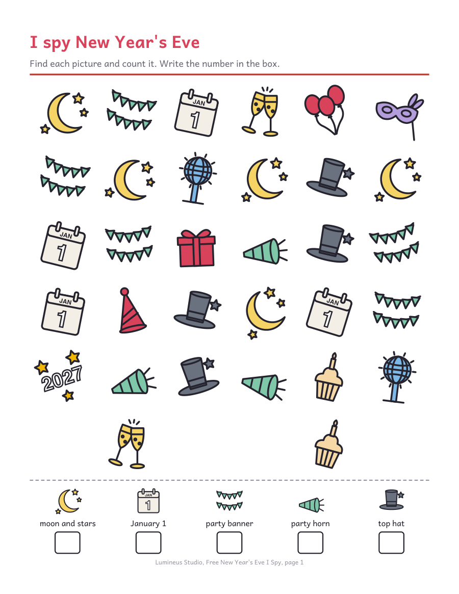 A New Year's Eve I spy page with top hats, balloons and party horns to find and count