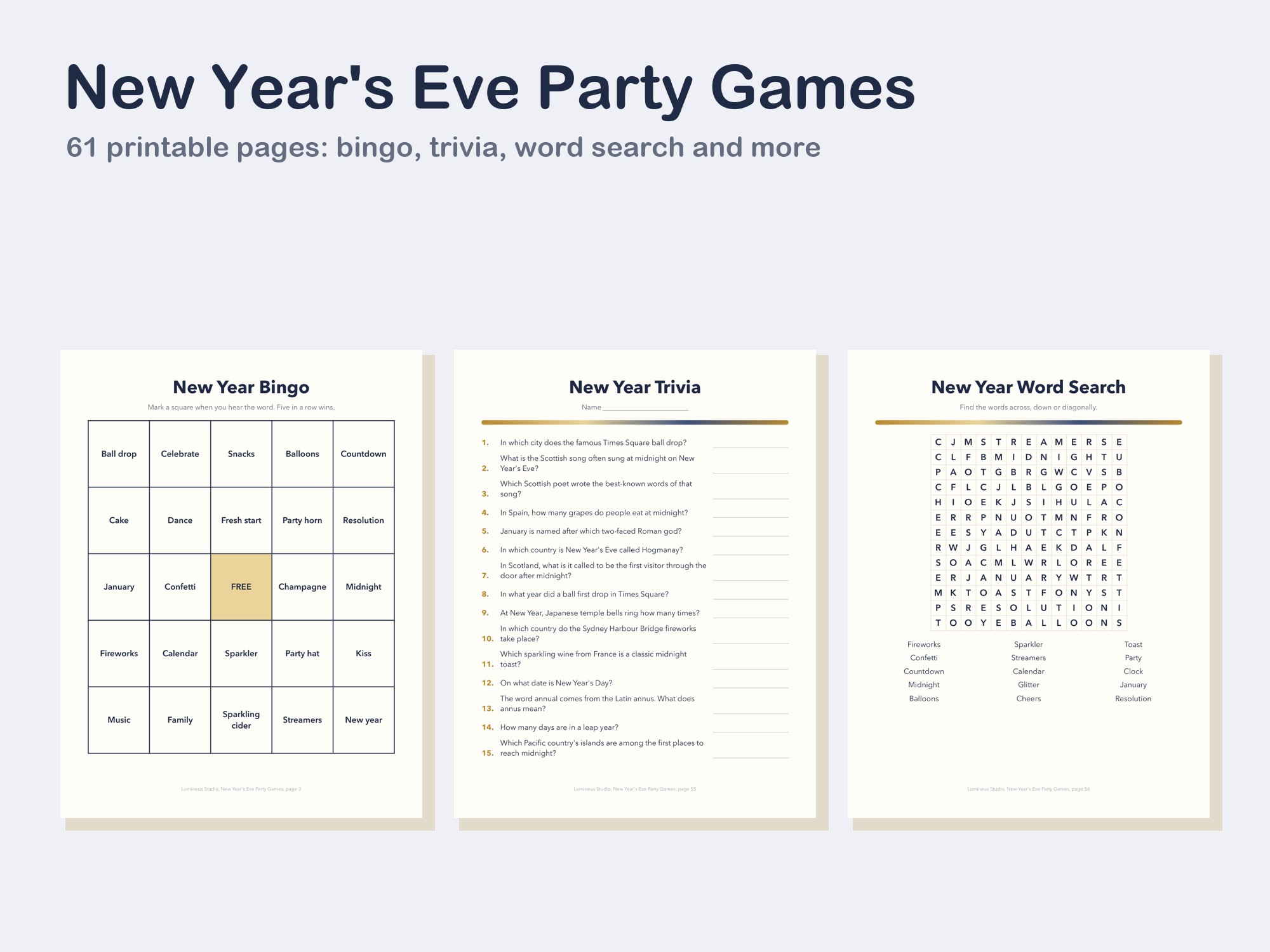New Year bingo card, trivia and word search pages