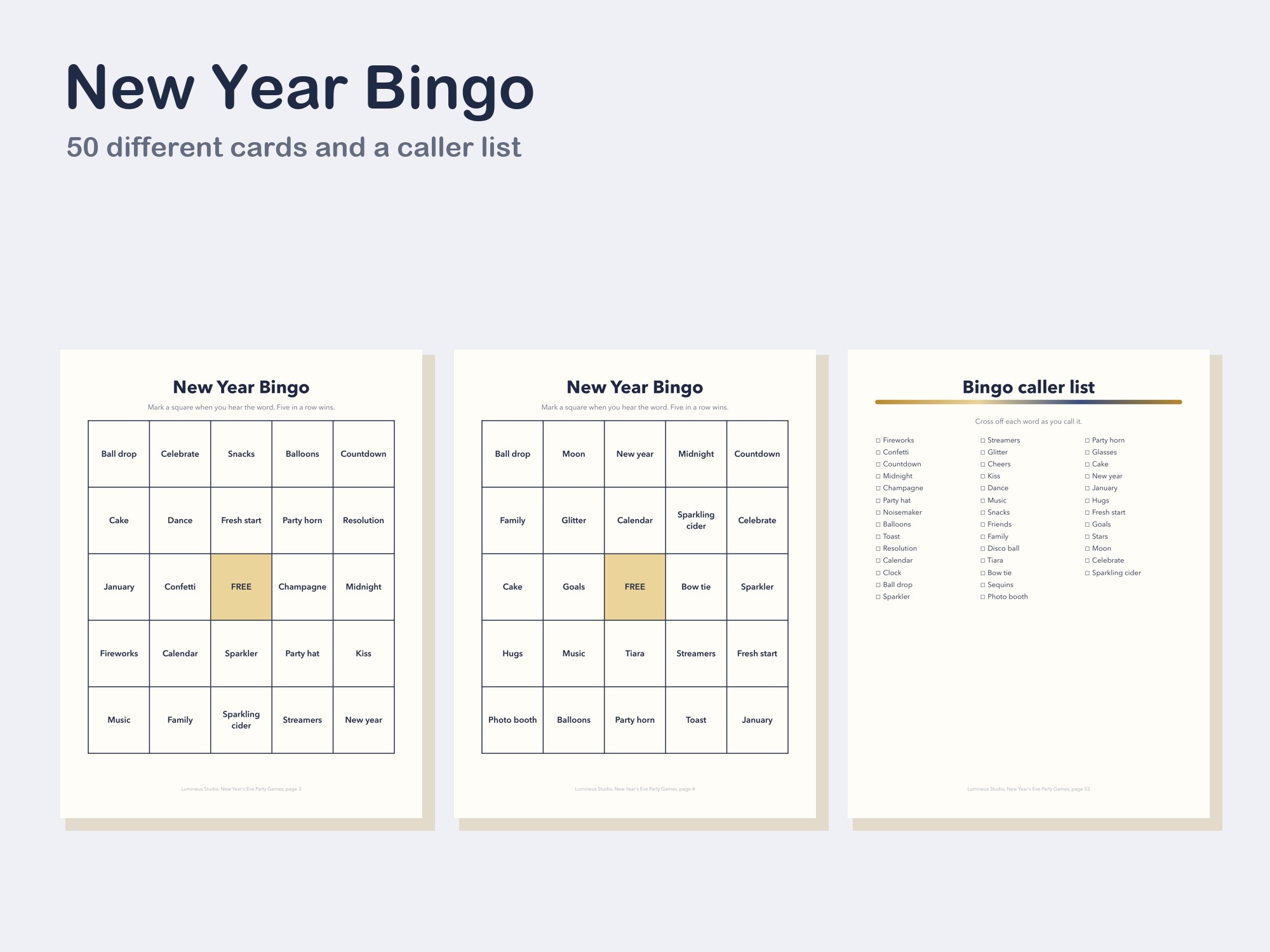 Two New Year bingo cards and the caller list