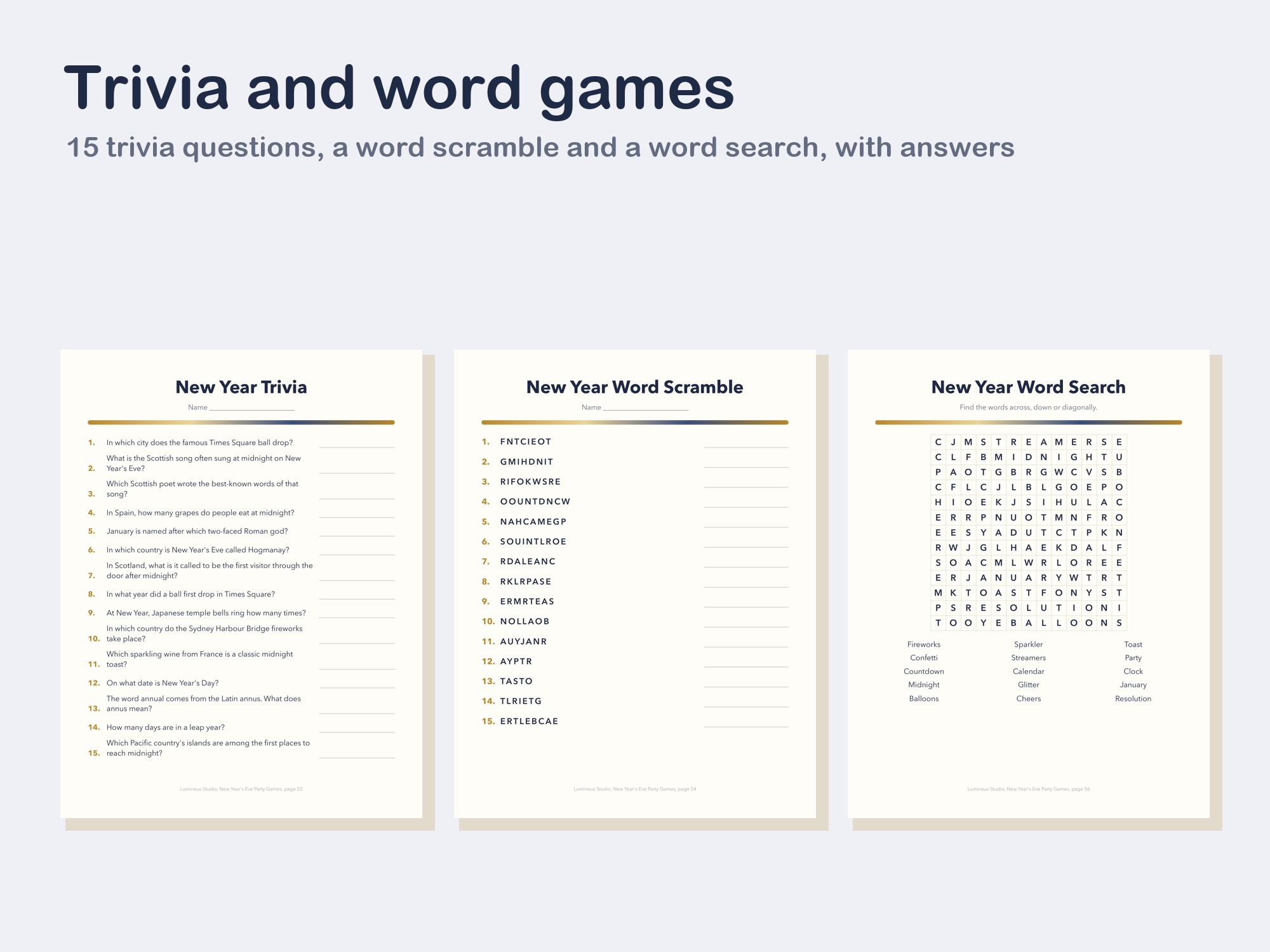 New Year trivia, word scramble and word search pages