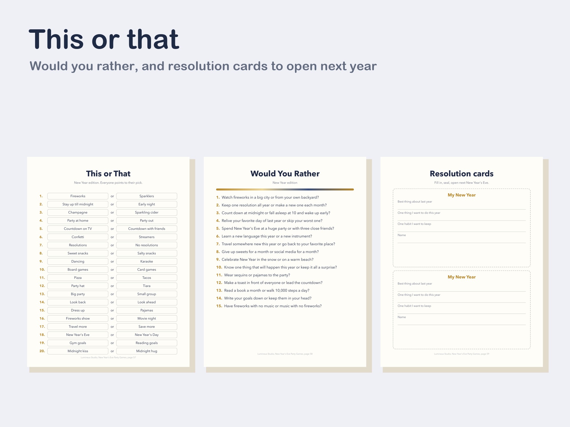 This or that, would you rather and resolution cards