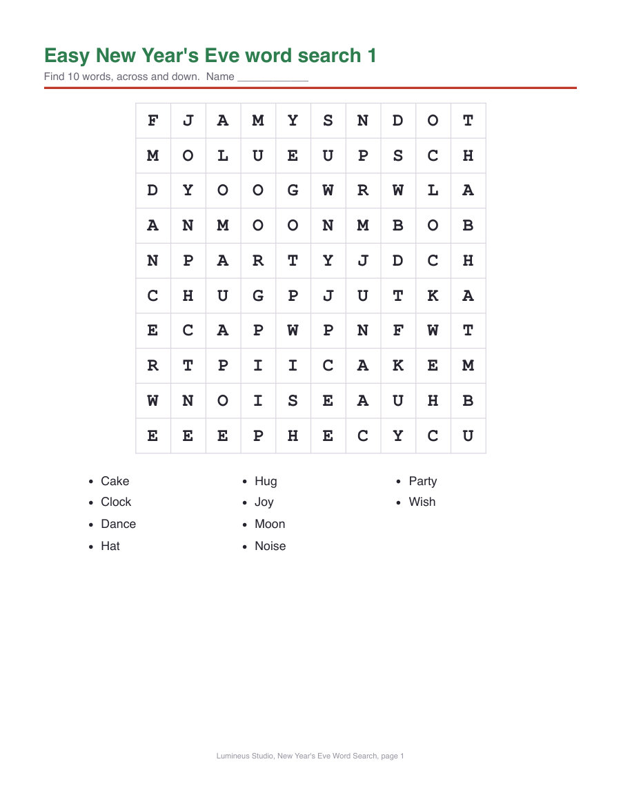 An easy 10 by 10 New Year's Eve word search with 10 words