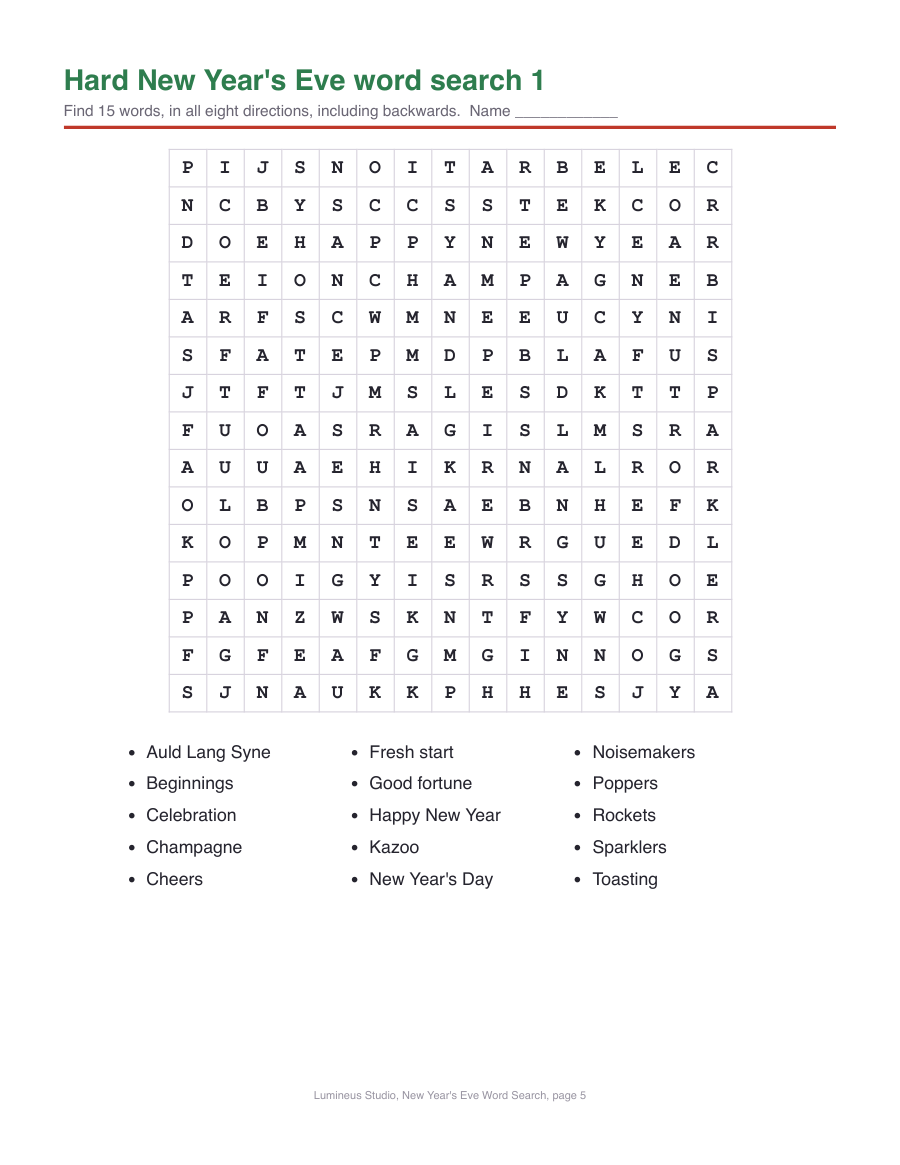 A hard 15 by 15 New Year's Eve word search with 15 words in all eight directions