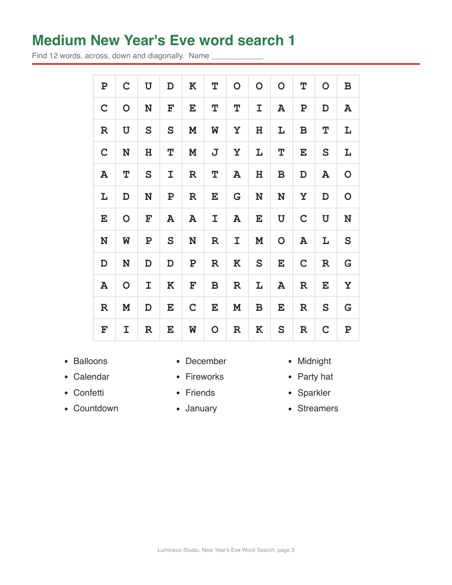 A medium 12 by 12 New Year's Eve word search with 12 words