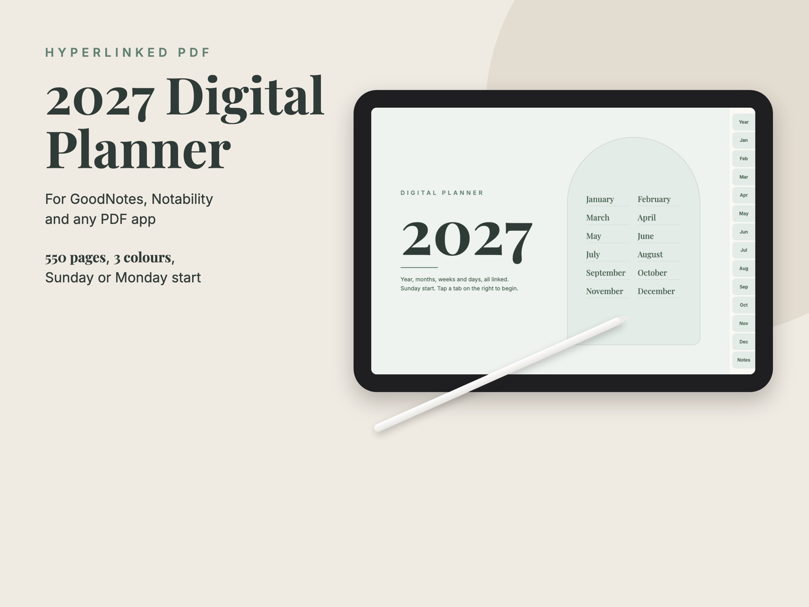 2027 digital planner cover with a month index, shown on an iPad with a pencil