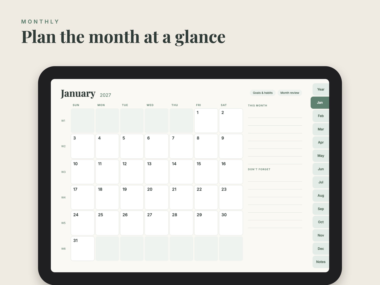 January 2027 month page on an iPad