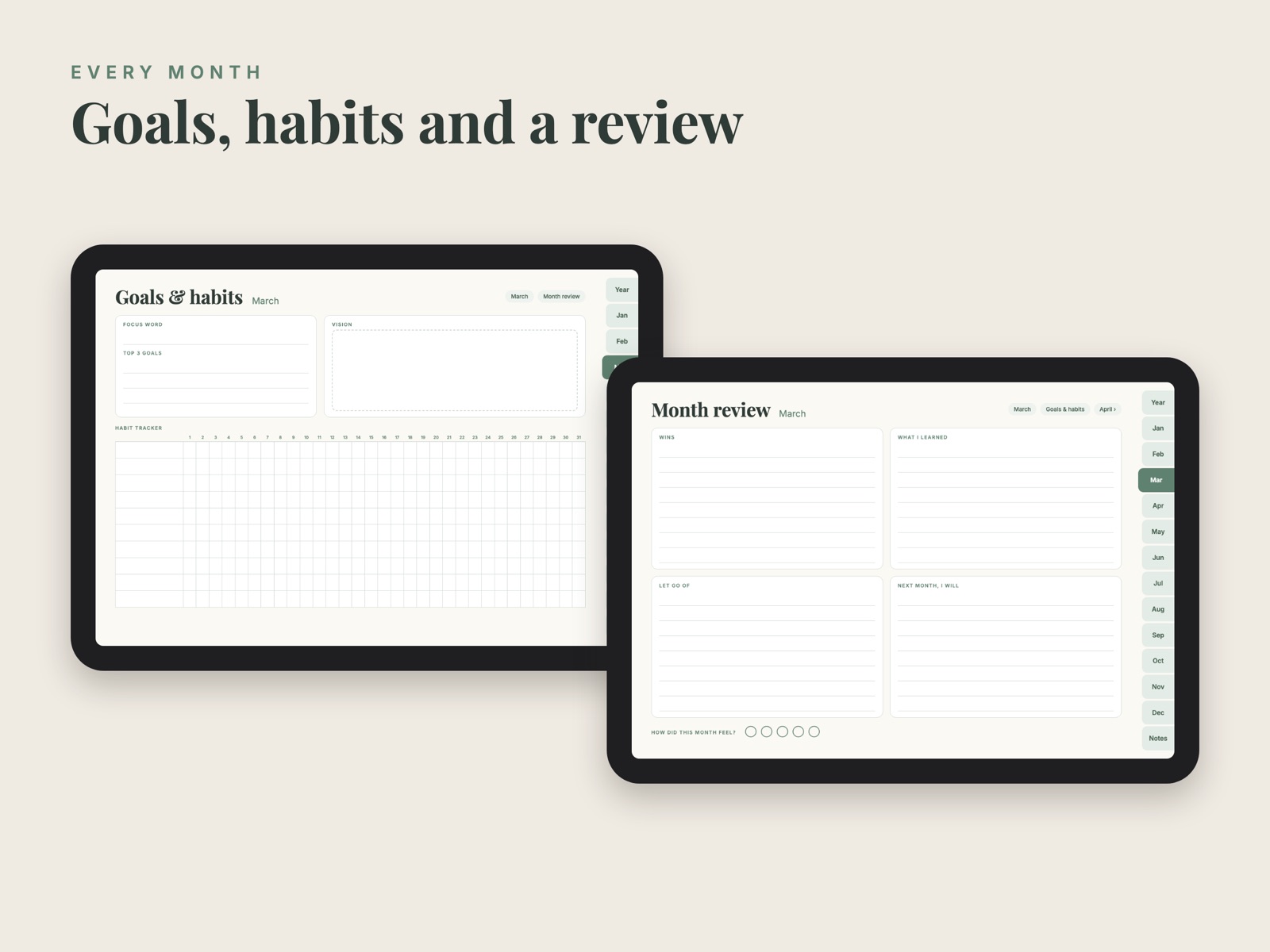 Goals and habits page and month review page