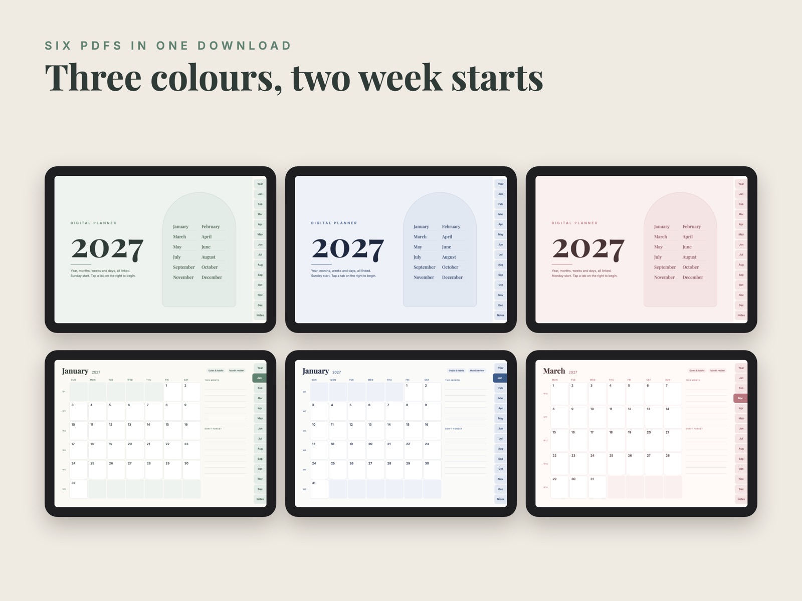Sage, navy and blush versions of the cover and month page