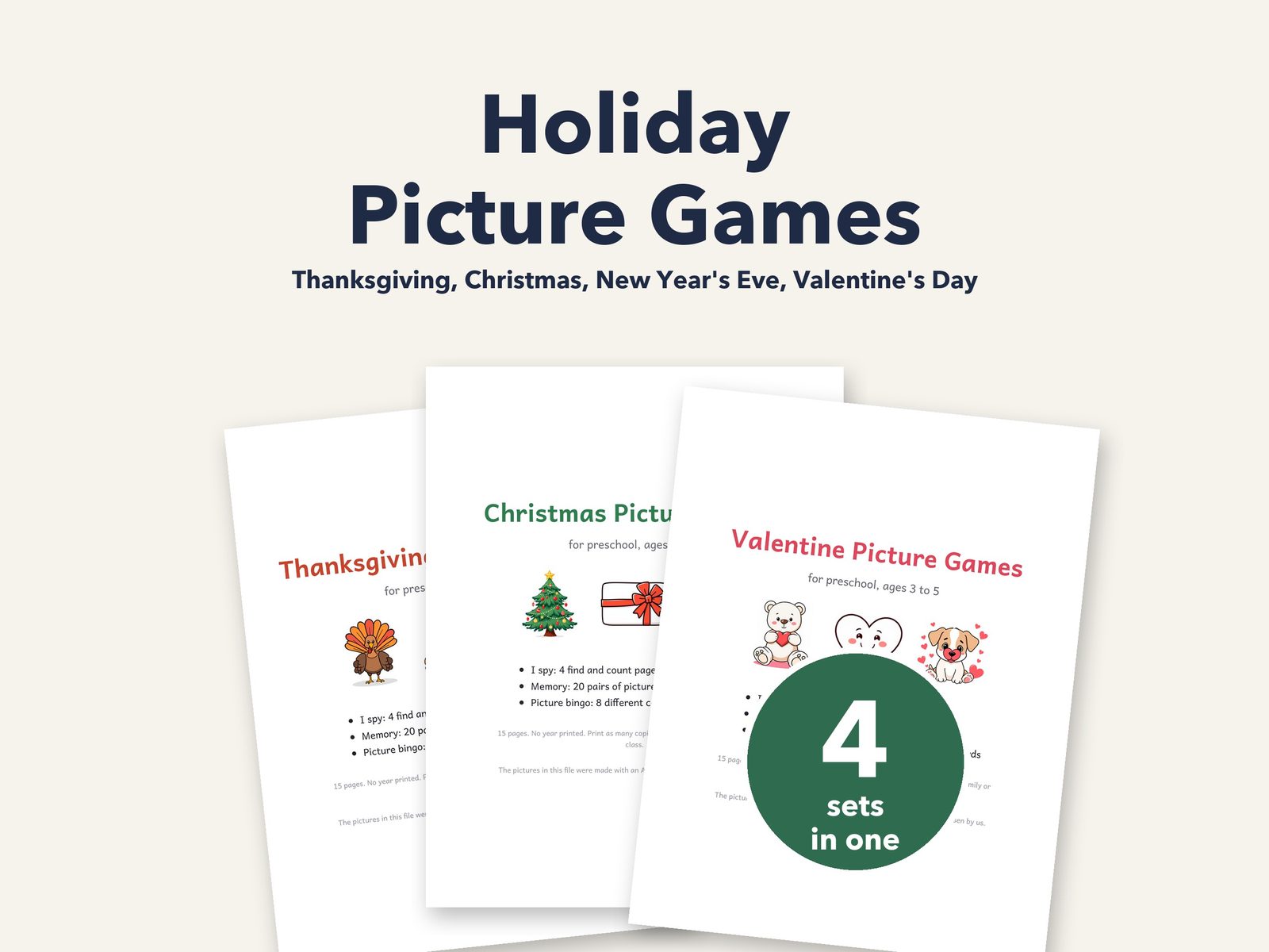 Holiday Picture Games Bundle: I spy pages for Thanksgiving, Christmas, New Year's Eve and Valentine's Day