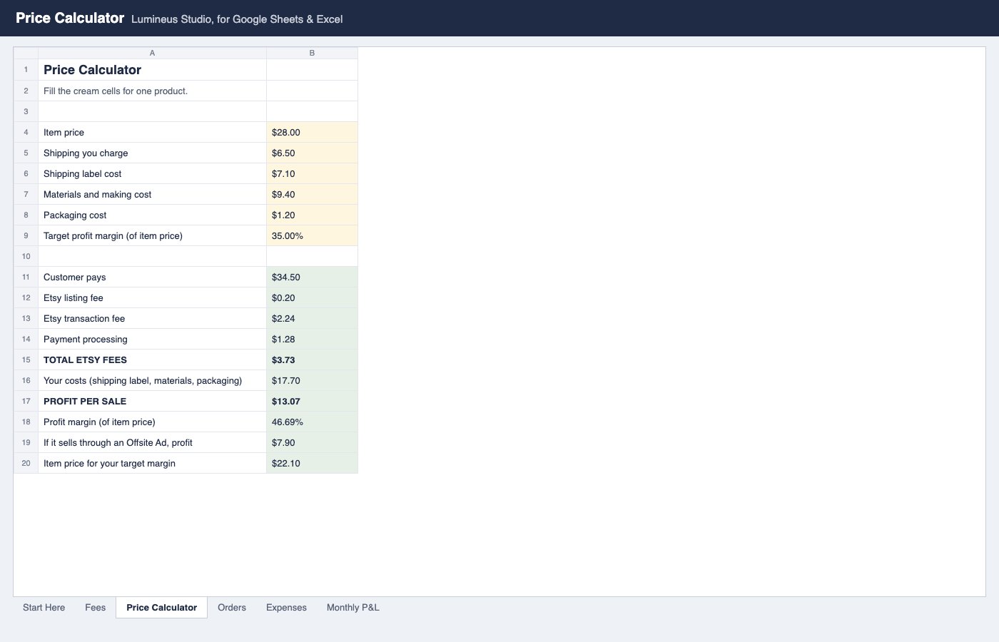 Price calculator tab