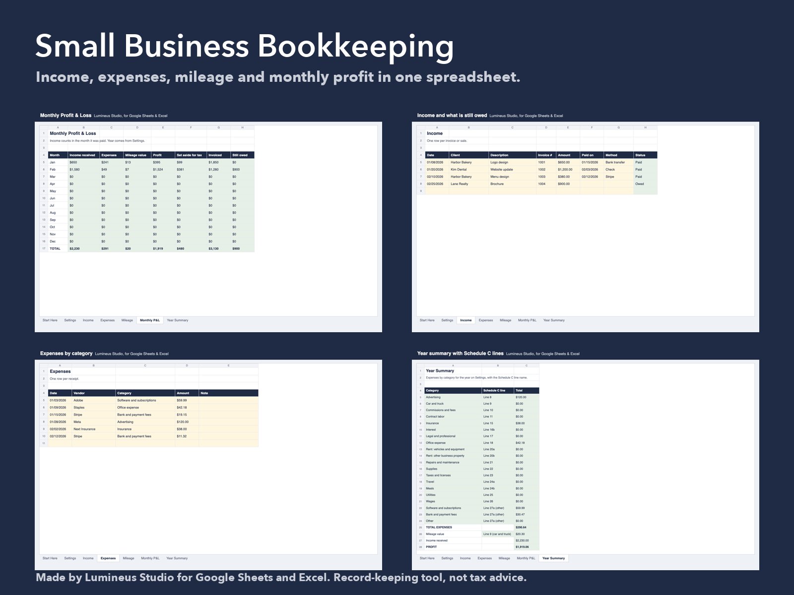 Small Business Bookkeeping: monthly profit and loss, income, expenses and year summary tabs