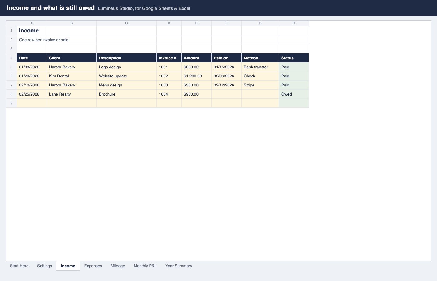 Income tab with paid and owed status