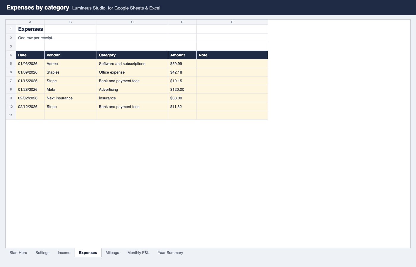 Expenses tab with categories