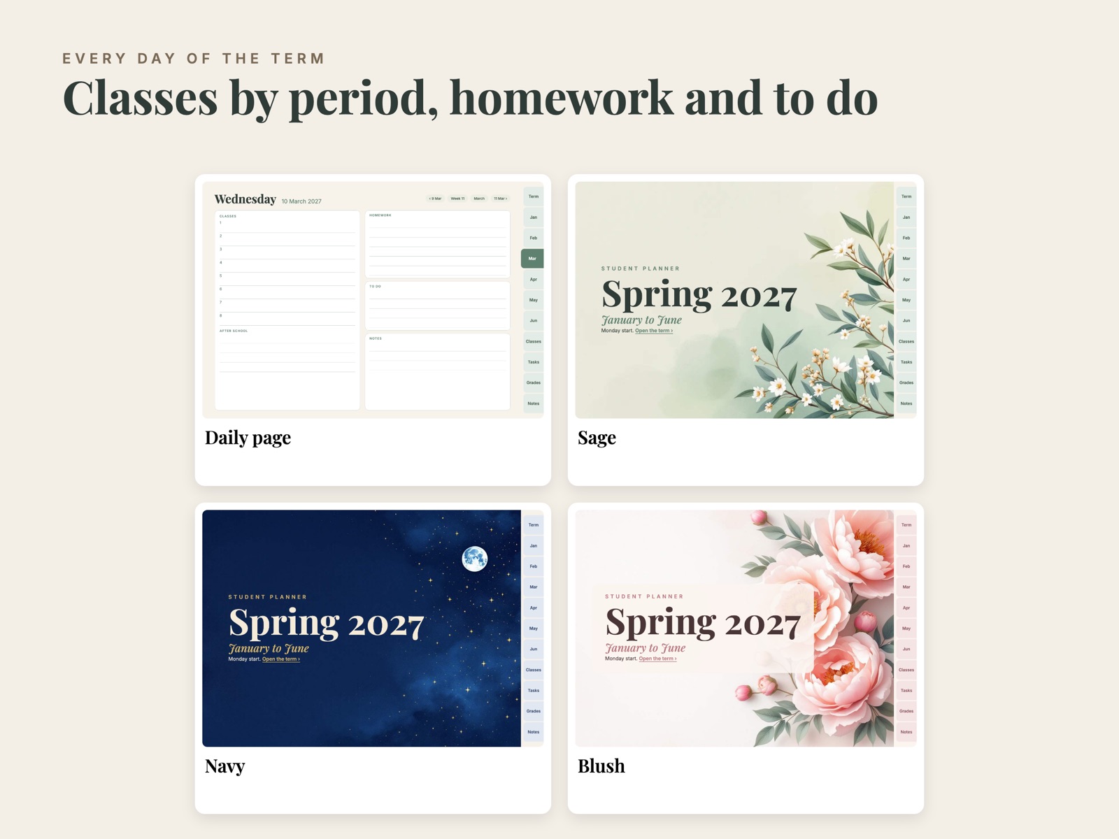 Daily page and the sage, navy and blush covers