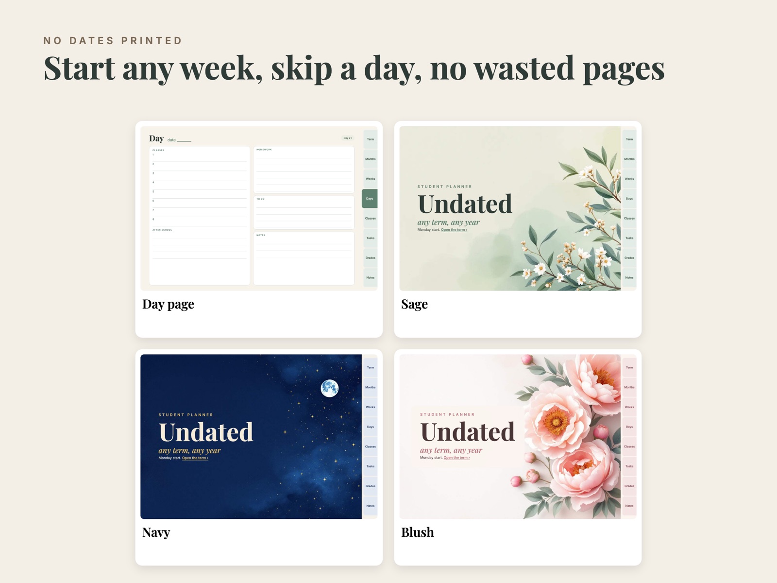 Undated student planner day page and the three cover colours