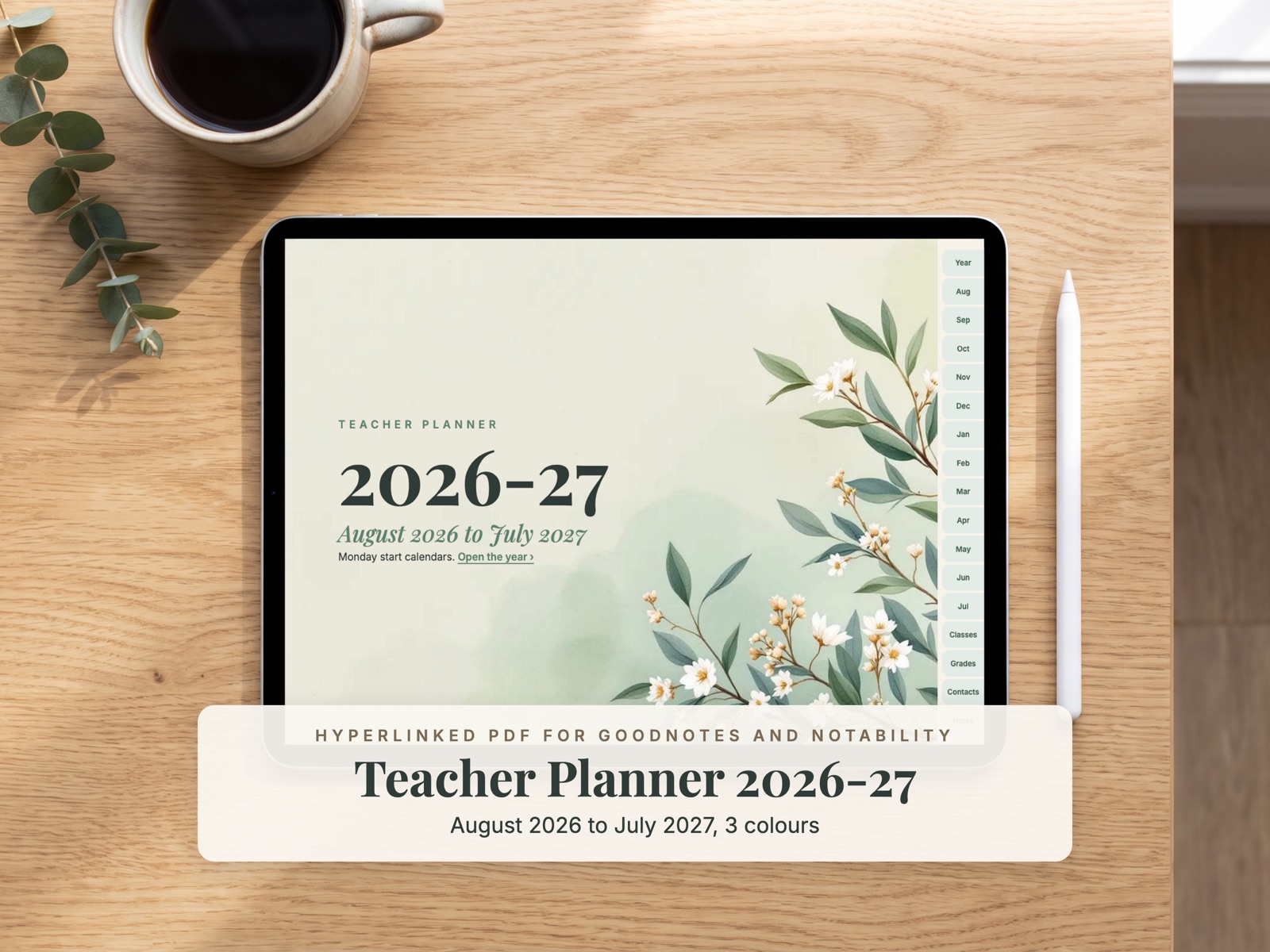 Teacher planner cover with watercolour leaves, shown on an iPad on a wooden desk