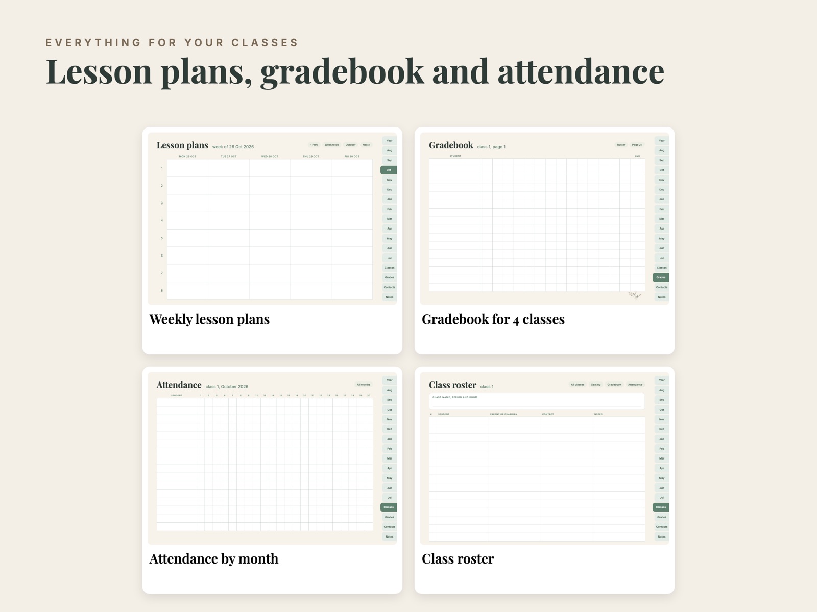 Lesson plans, gradebook, attendance and class roster pages