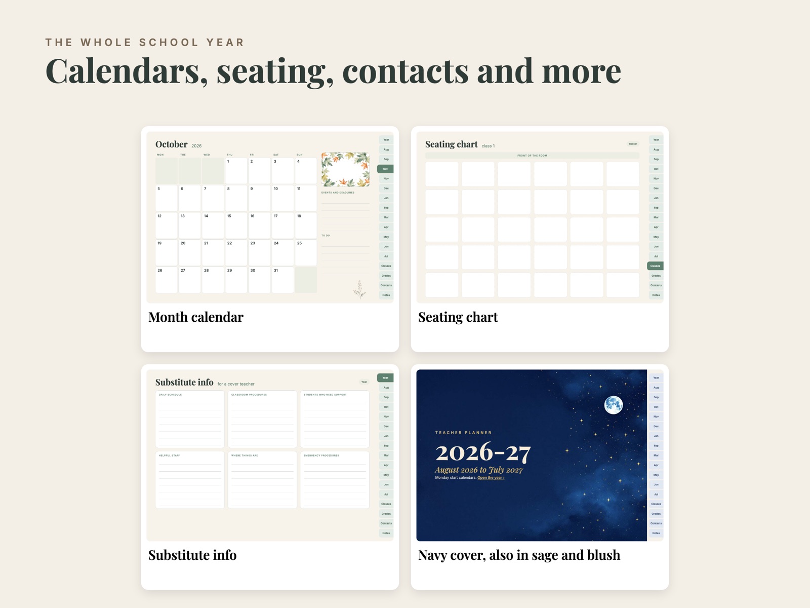 Month calendar, seating chart, substitute info and navy cover