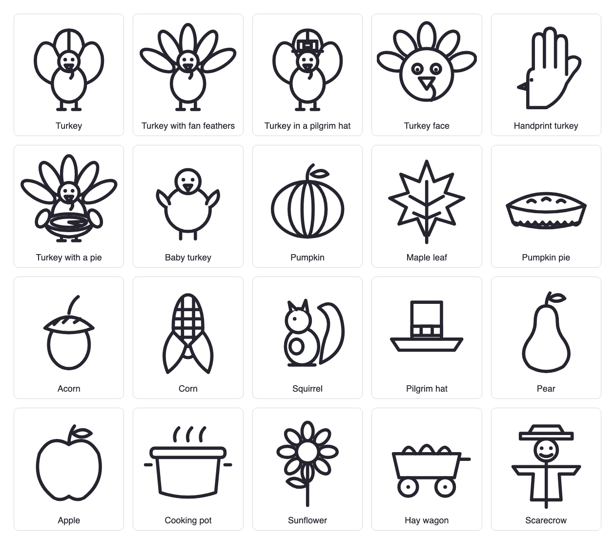 All 20 Thanksgiving coloring pictures on one sheet