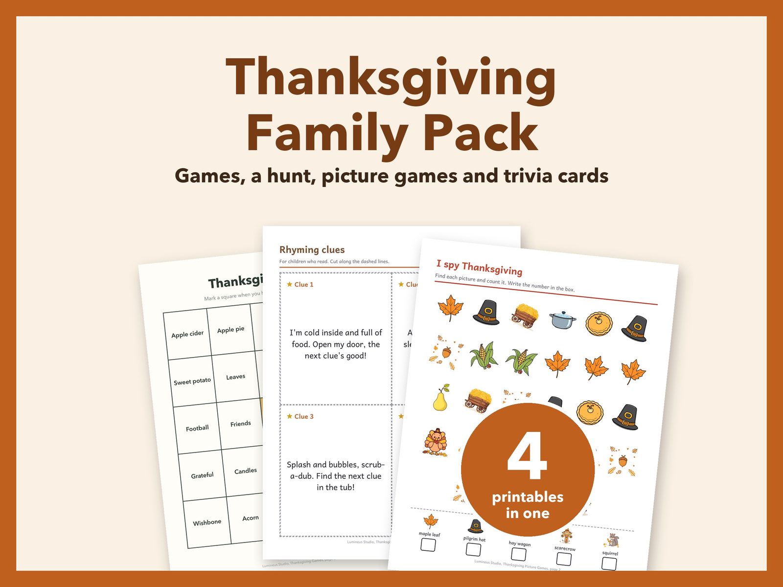 Thanksgiving Family Pack: bingo card, rhyming scavenger hunt clues and an I spy page