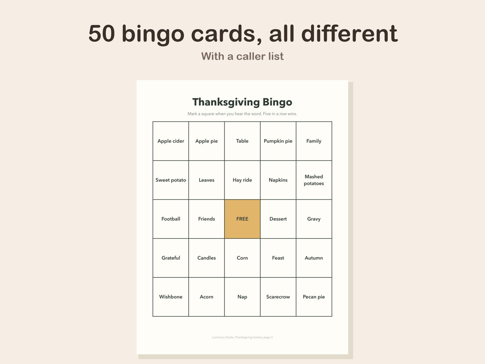 A Thanksgiving bingo card from the set of 50