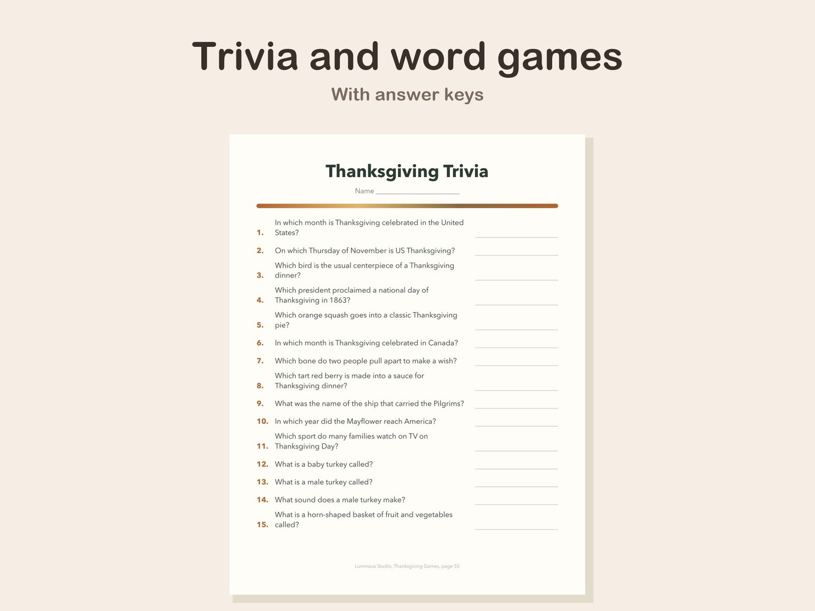 Thanksgiving trivia and word game pages