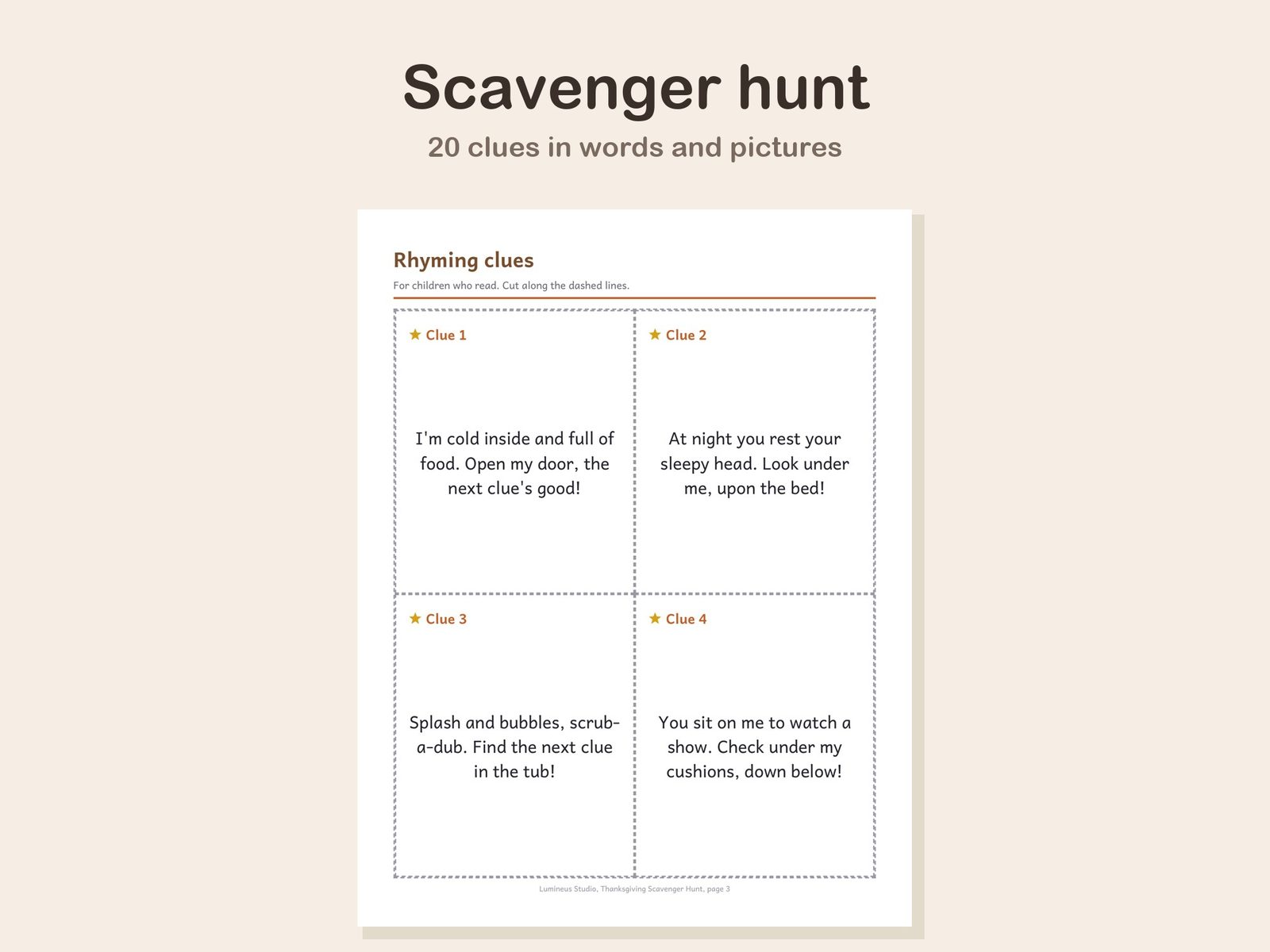 Rhyming scavenger hunt clue cards
