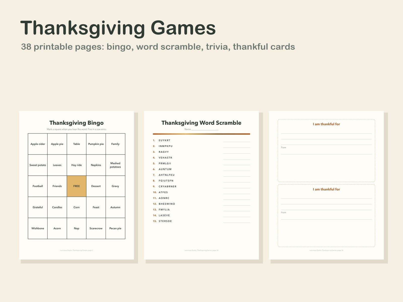 Thanksgiving bingo card, word scramble and thankful card pages