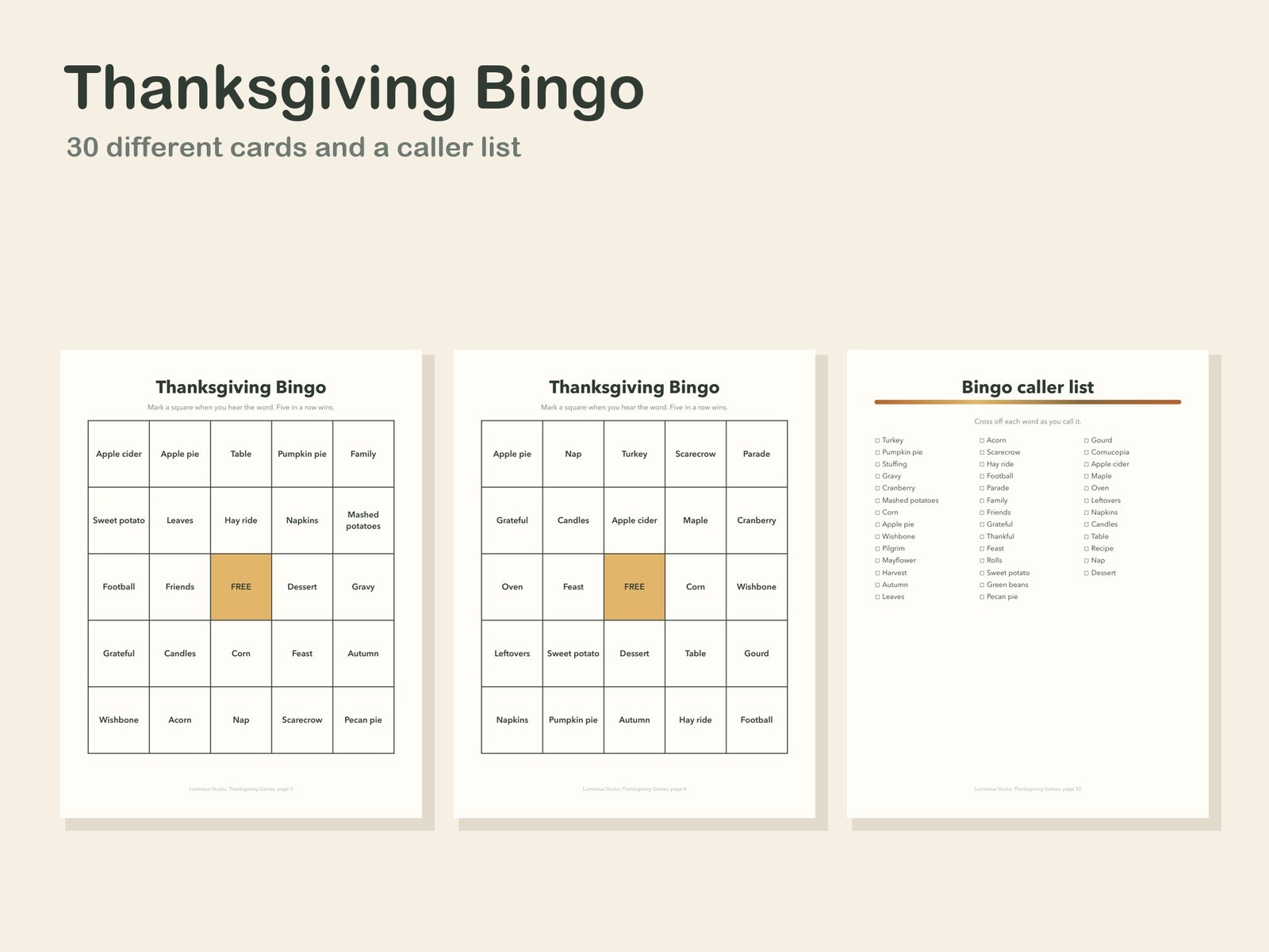 Two Thanksgiving bingo cards and the caller list