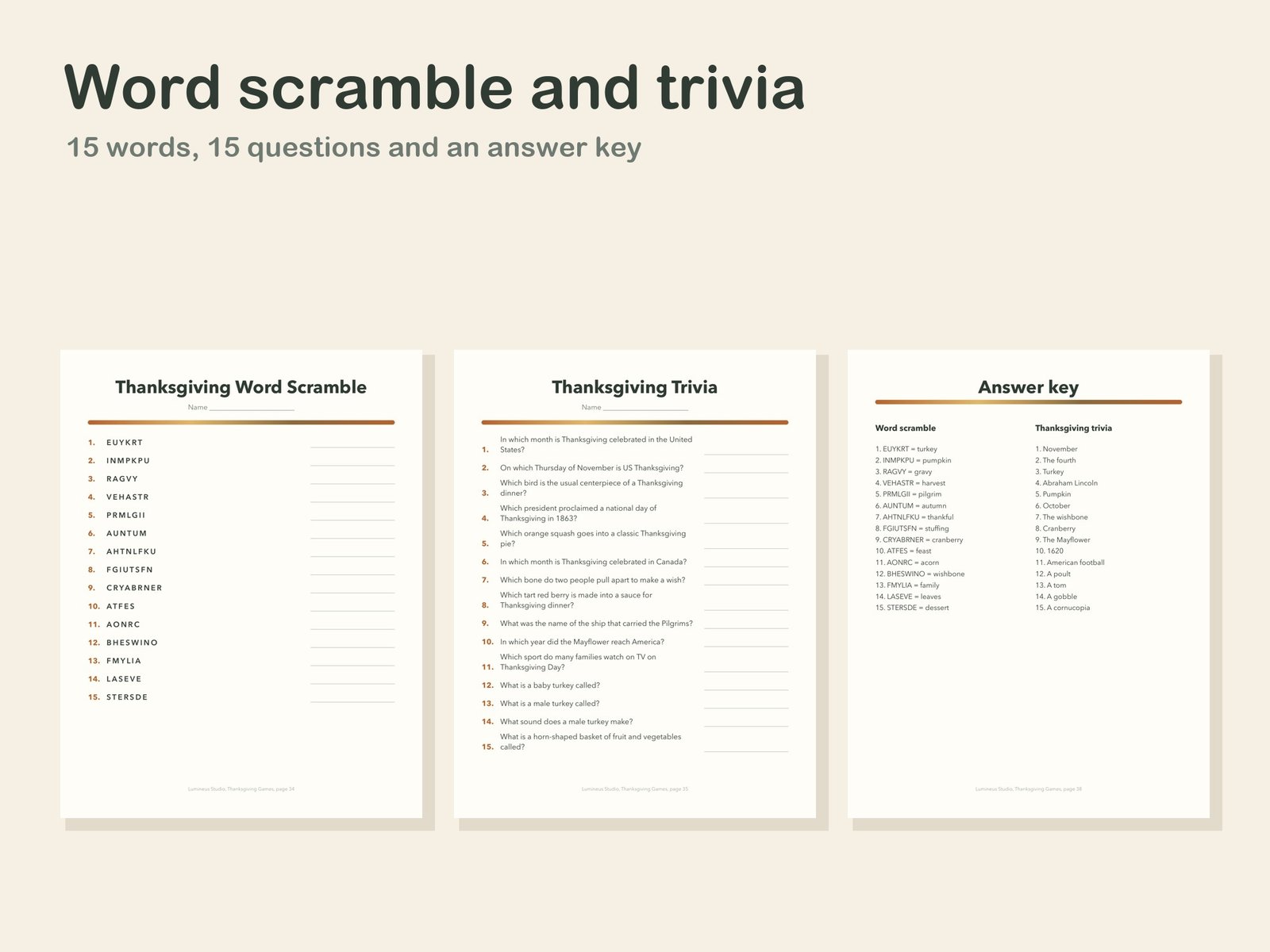 Word scramble, trivia and answer key pages