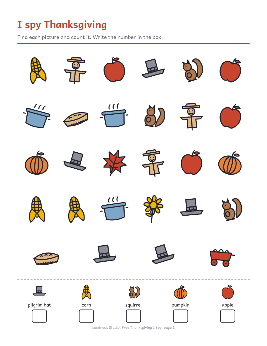 A Thanksgiving I spy page with pumpkins, apples and squirrels to find and count