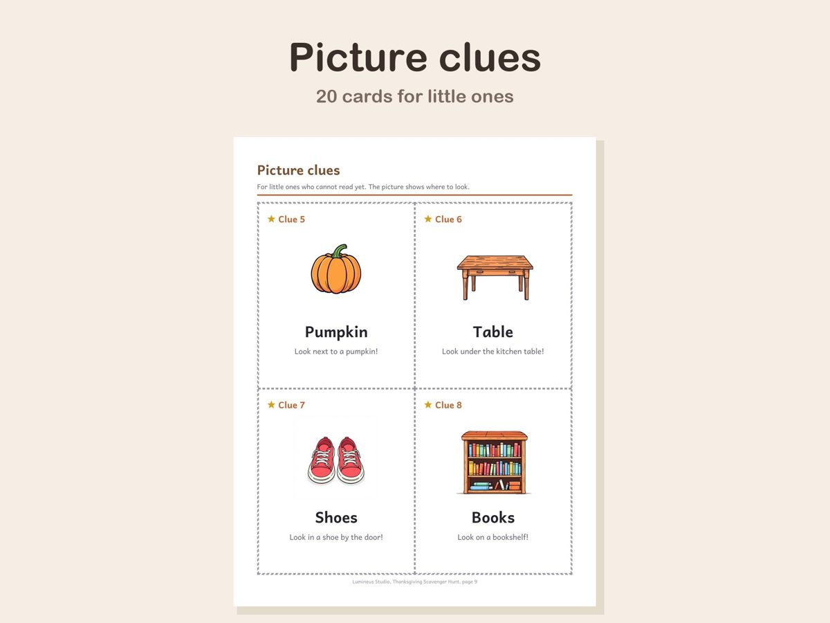 A page of four picture clue cards: pumpkin, table, shoes and books