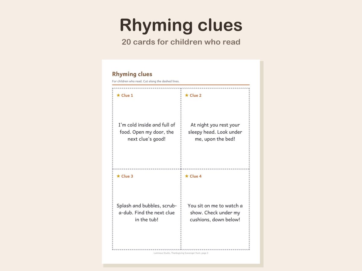 A page of four rhyming Thanksgiving scavenger hunt clue cards with dashed cut lines