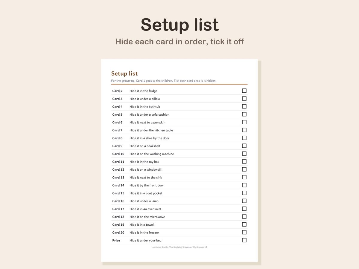The setup list: where to hide each card, with a box to tick